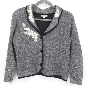 Coldwater Creek Embroidered Wool Cardigan Womens XL Gray Twee Cottagecore Granny